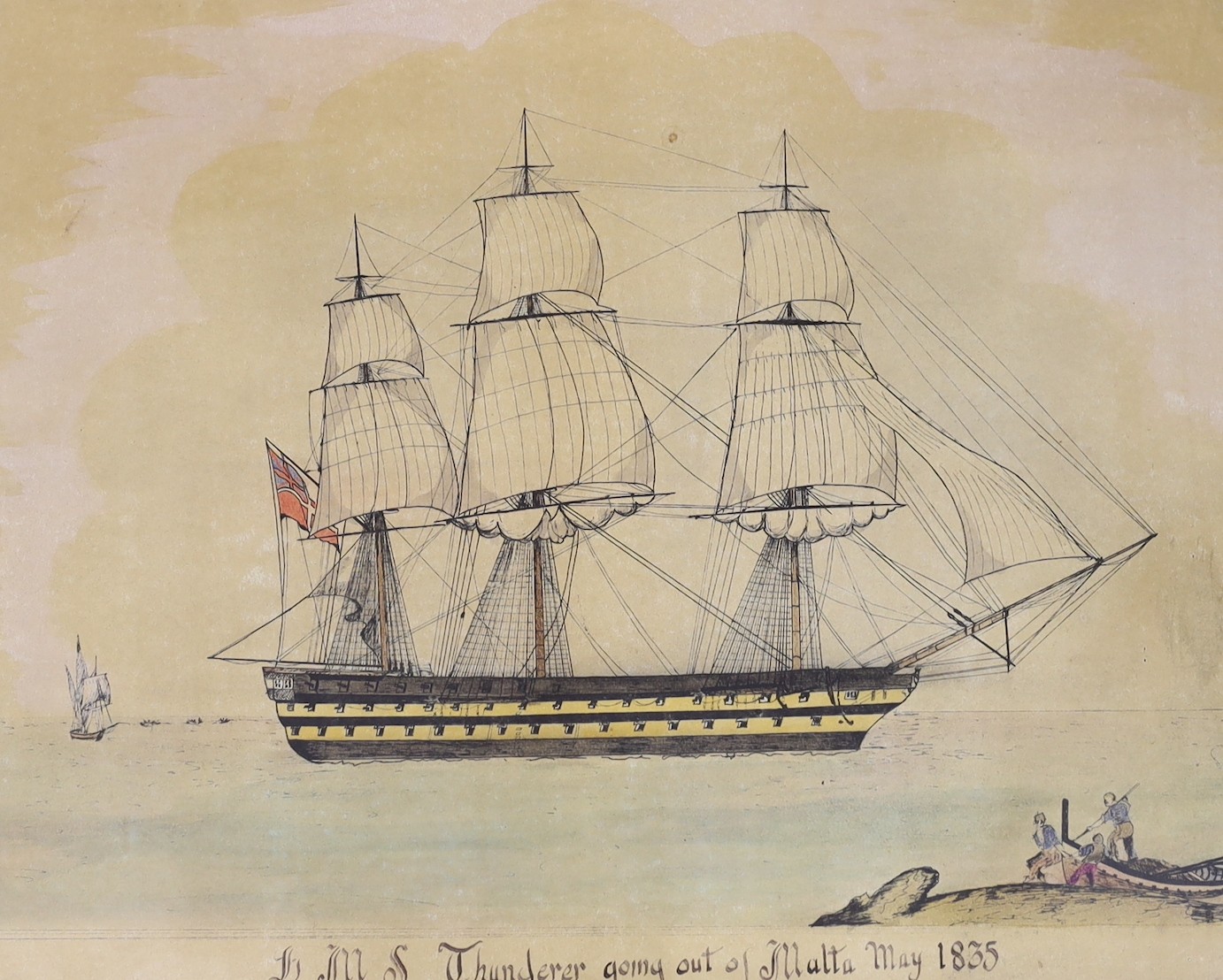 English School, ink and watercolour, 'HMS Thunderer going out of Malta, May 1835', 34 x 55cm